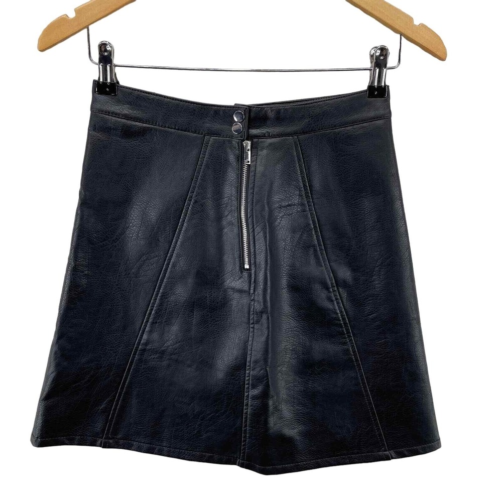 ZARA Skirt Womens XS Black Faux Leather Exposed Zipper Button Closure Lined